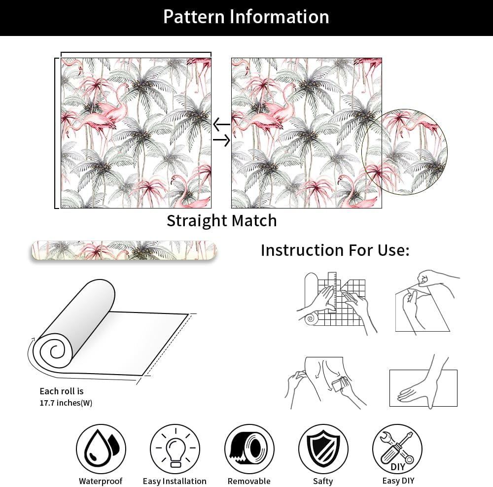 REDAMANCY Boho Tropical Animals Flamingo Modern Peel and Stick Wallpaper Vintage Wall Paper Stick on Contact Paper Easy Peel Off for nightstand Drawer Renter Friendly 17.7"x236"