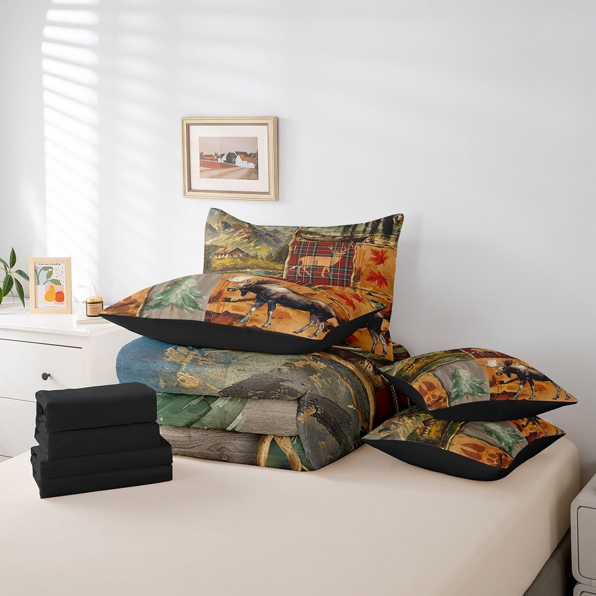 jejeloiu Cute Moose Comforter Set 7 Pieces Full Size Deer Hunting Bed in a Bag Antlers Deer Hunting Wild Animal Bedding Set Lodge Cabin Farmhouse Bed Set with Comforter, Sheet Set, Pillowcases