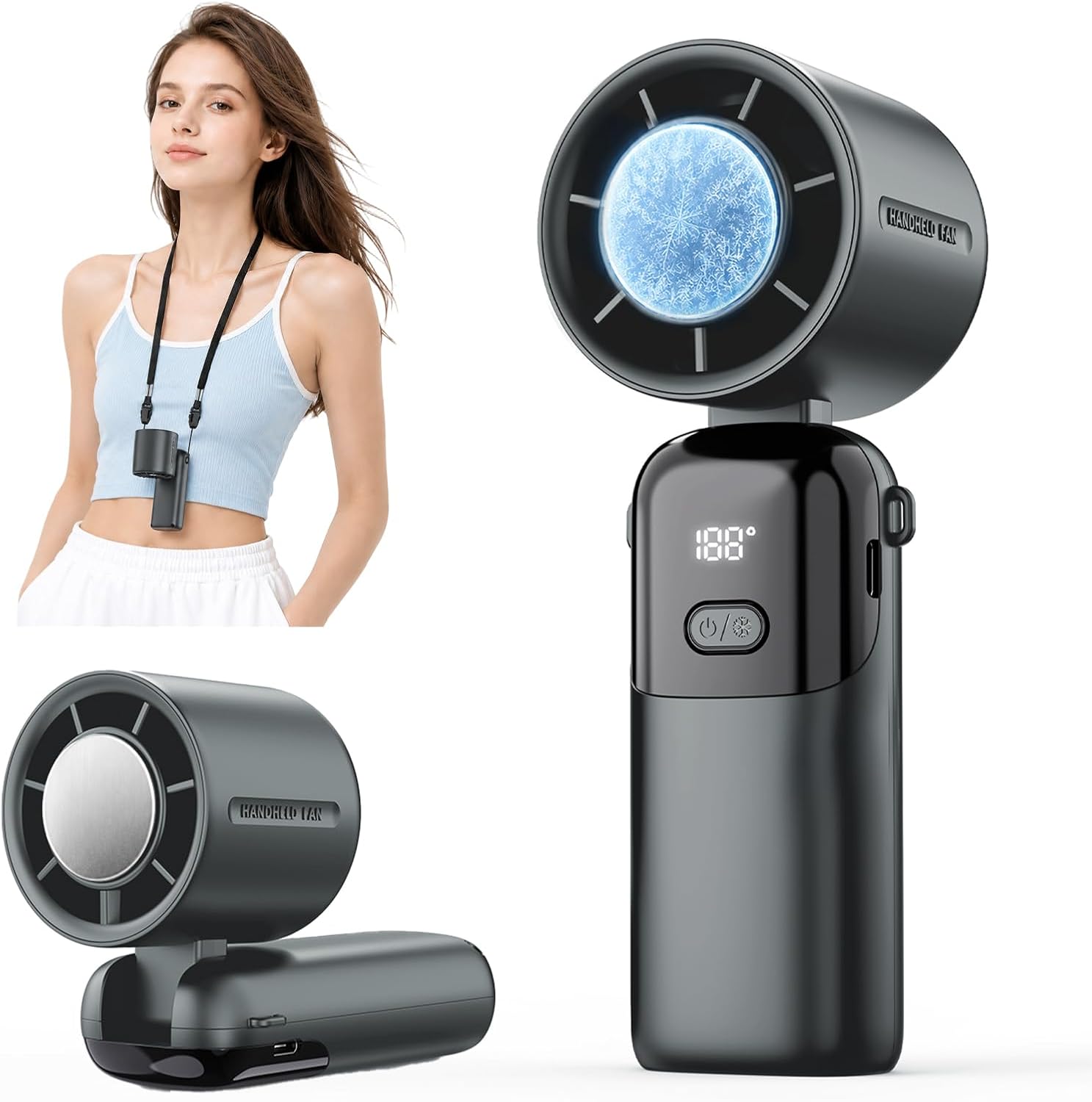 4 in 1 Ventilatore Turbo Portatile Funzione di raffreddamento, 5000 mAh,Flusso d'aria potente di 10 m/s(1-100 velocità),Ventilatore da collo pieghevole USB per campeggio,Viaggi,Casa,Ufficio