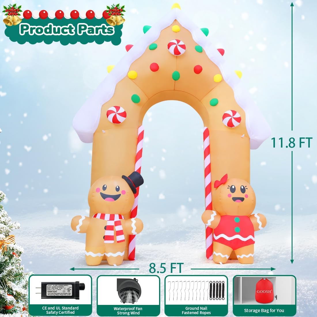 GOOSH 11.8 FT Christmas Inflatables Decorations Archway, Gingerbread Inflatable Yard Decorations with LED Lights, Inflatable Christmas Arch for Outdoor Party Yard Decor