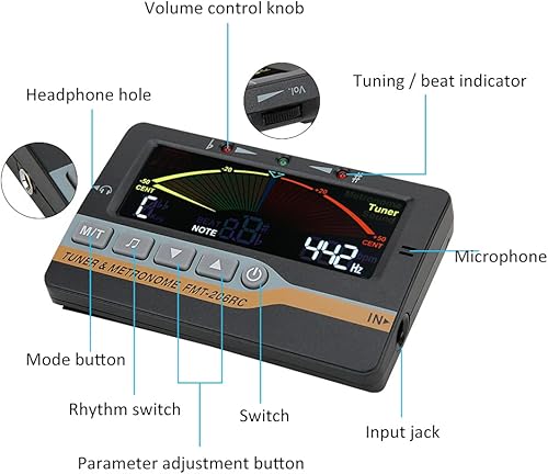 Miniatura 6 de Sintonizador de metrónomo, pantalla LCD de metrónomo digital, generador de tonos 3 en 1, dispositivo de afinación cromática, pastilla de clip para
