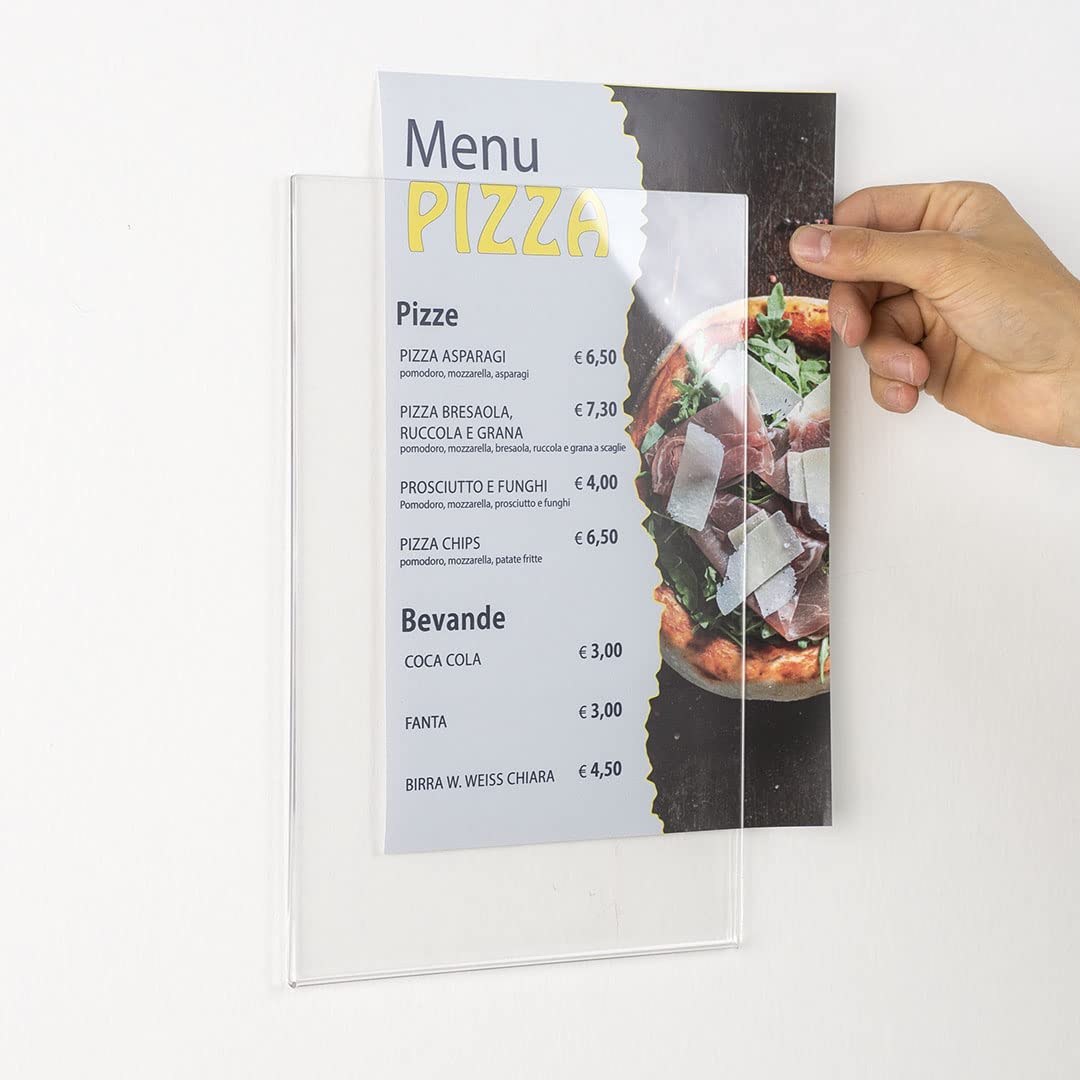 Danieli Store - Soporte de Pared de Metacrilato A4 Vertical para Carteles. Expositor con Adhesivo Doble Cara para Pared y Cristal. Soporte de Acrílico Transparente para Avisos (5 unidades)