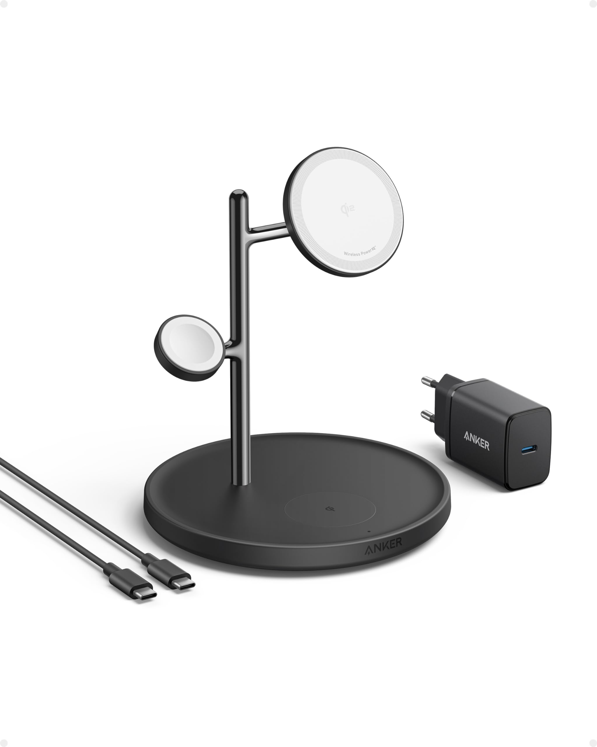 Anker Stazione di Ricarica Wireless 3 in 1, Certificata Qi2 15W Compatibile con MagSafe, Supporto per Serie iPhone 15, AirPods Pro, Apple Watch Ultra (Caricatore USB-C e Cavo Inclusi)