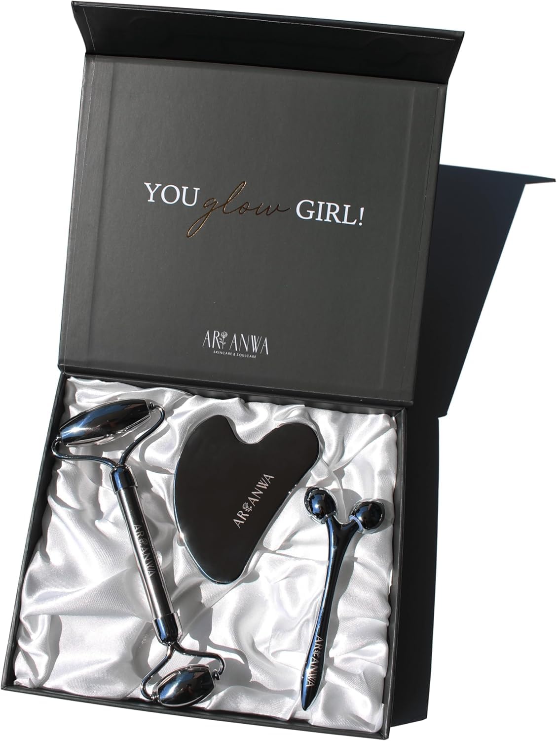 ARI ANWA Premium Gua Sha Edelstahl & Edelstahl Gesichtsroller Set + 3D Massger. Kühlende Gesichtsmassage - Stainless Steel Gua Sha Set