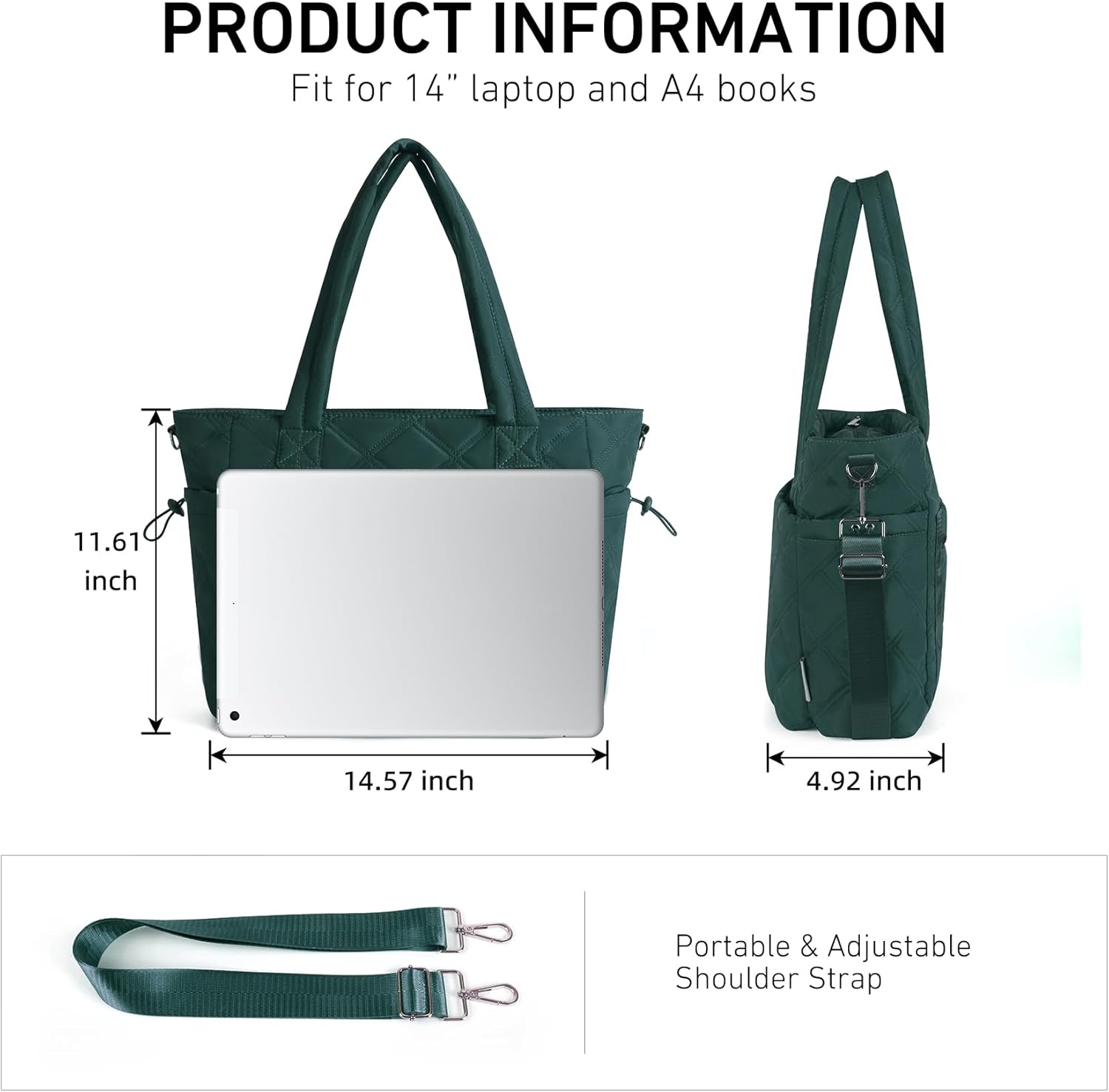 Rueesh Lightweight Puffer Tote Bag with Zipper for Women, Quilted Shoulder Bag with Compartments for Travel, Work, Shopping - Image 3