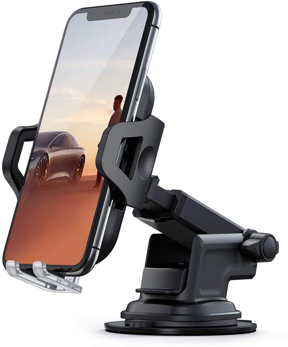 JSTBUY LABEL Universal Car Phone Holder For Dashboard Expandable & Rotatable Mobile Stand Holder Mount for Car with Long Arm Strong Sticky Gel & One Touch Technology for Windshield, Table Desk (Black)