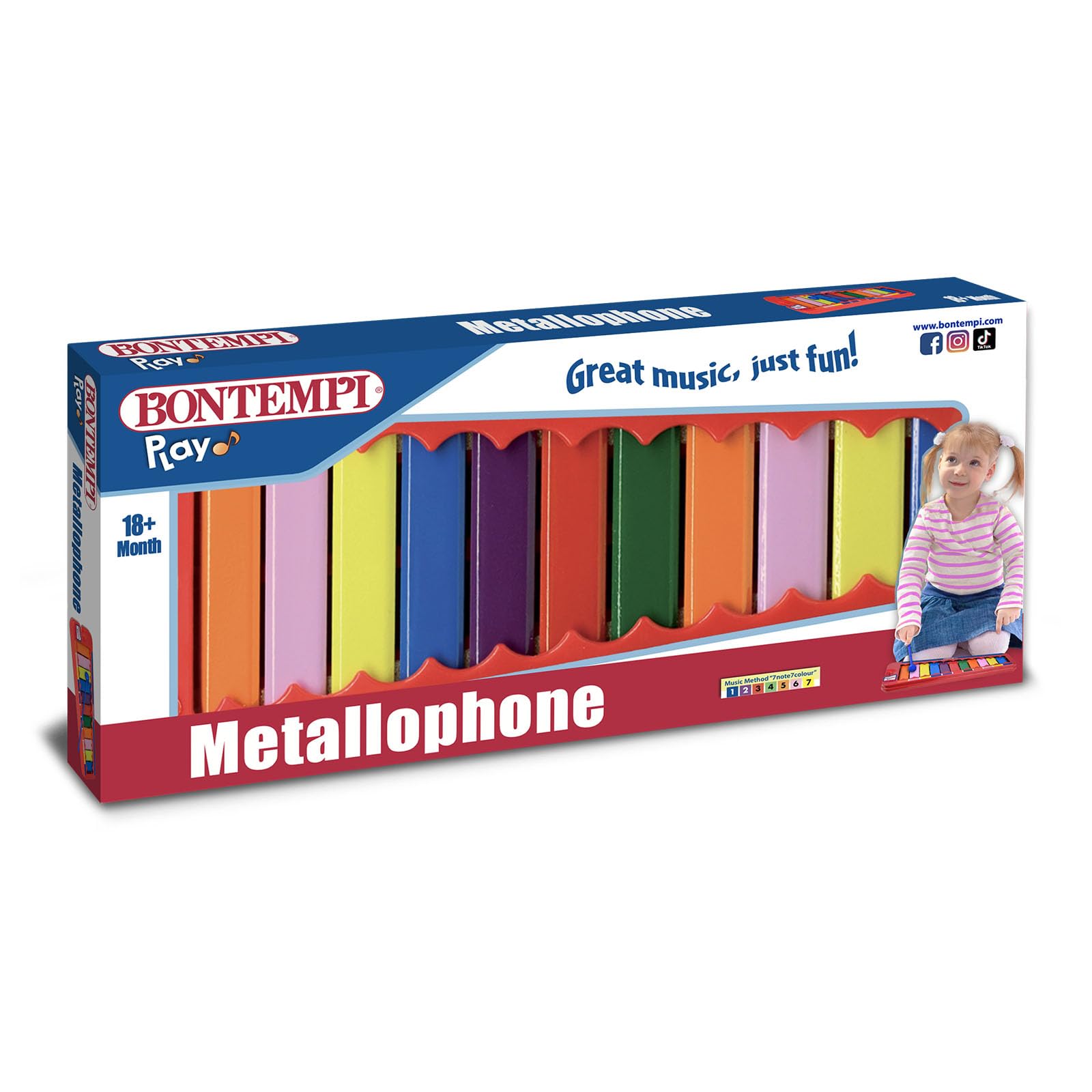 Bontempi | Xylophone Coloré, Métallophone 11 Lames Métalliques Notes Colorées Sol-Do avec Baguette, 31x12.5x2 cm