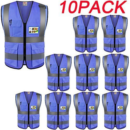 ZOJO High Visibility Safety Vests,Lightweight Mesh Fabric, Wholesale Reflective Vest for Outdoor Works, Cycling, Jogging, Walking,Sports - Fits for Men and Women (Pack of 10, Blue)