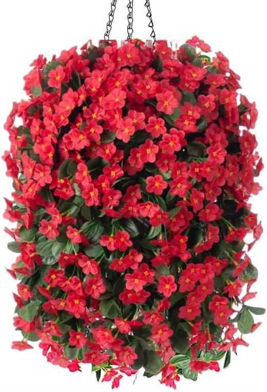 Artificial Fake Red Hanging Flowers Plants Basket for Outdoor Outside Winter Christmas Decor, Faux Silk Look Real UV Resistant Orchid for Fall Porch Garden Yard Patio Home