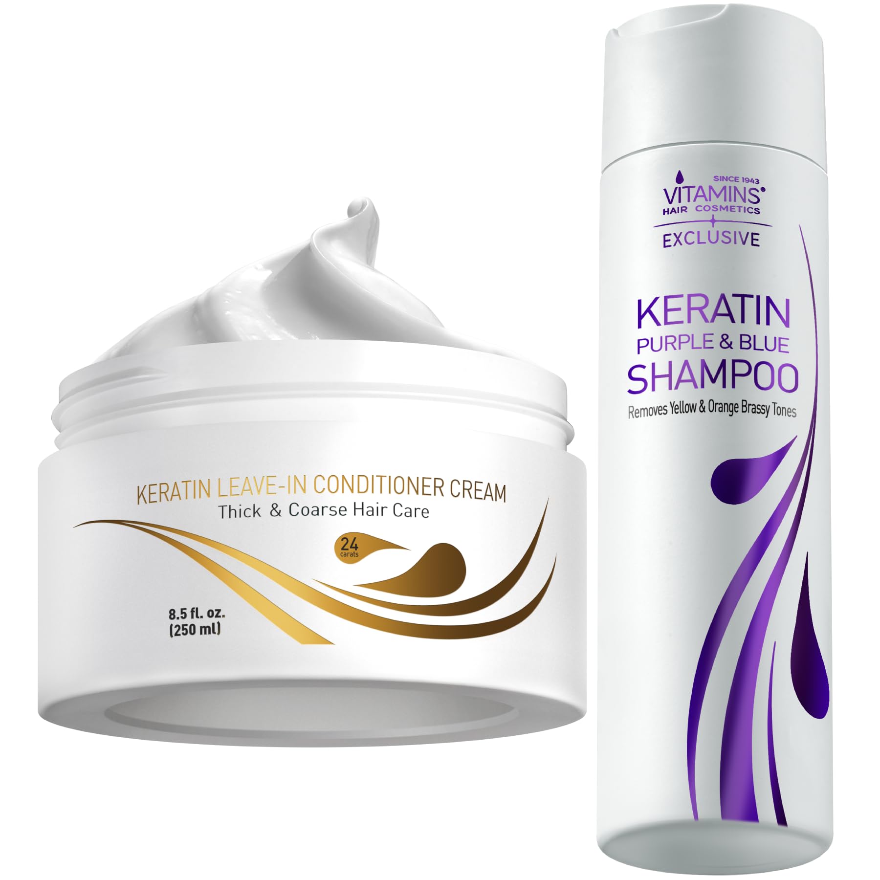 VITAMINS hair cosmetics Keratin Thick Hair Leave-In Conditioner & Purple Shampoo Kit, Pro Salon No Rinse Moisturizer for Dry Thick Hair & Anti-Brass Shampoo for Bleached Blonde Platinum Silver Hair