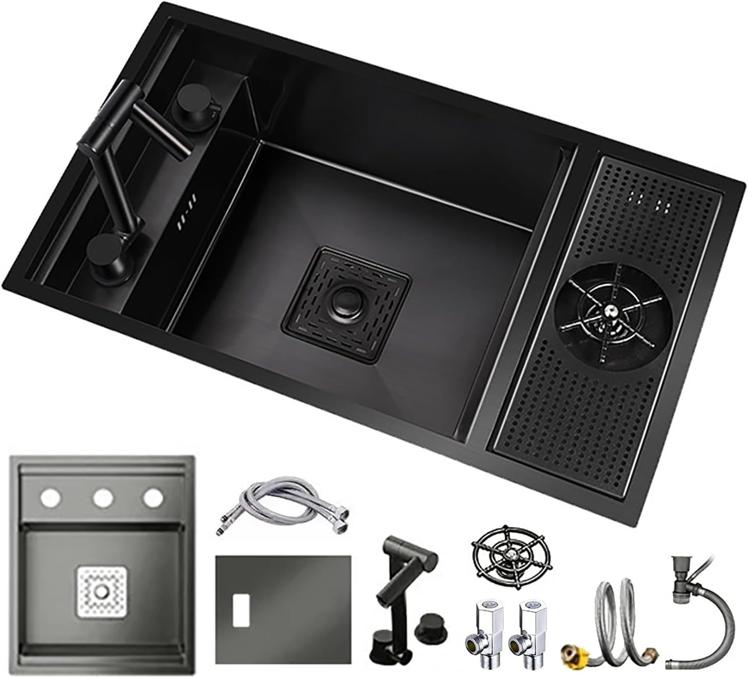 Hidden RV Bar Kitchen Sink Outdoor Single Bowl Stainless Steel Workstation Sinks with Foldable Faucet Undermount/Topmount Small Single Bowl Sink with Rinser,Cover,700 * 400 * 220mm