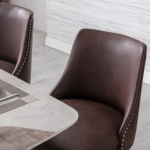 Miniatura 4 de Juego de 2 sillas de comedor de piel sintética tapizadas con ribete de cabeza de clavo y patas de madera maciza, silla auxiliar moderna de mediados
