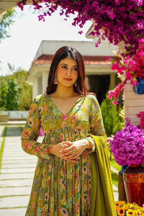 Image of KD Women's Floral Print Anarkali Kurta Set with Pant and Dupatta, Georgette, Full Sleeves, Asymmetric Hemline