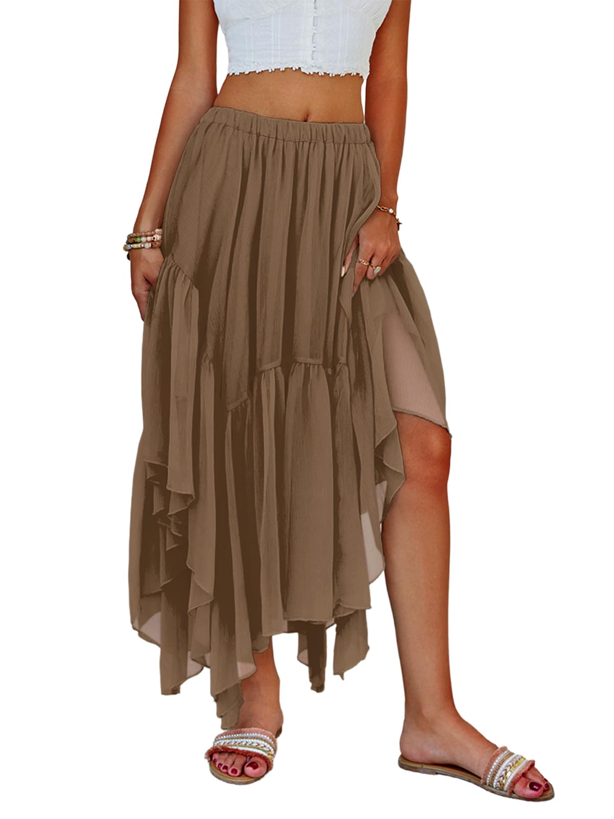 Fisoew Womens Summer Boho Maxi Skirt Casual Asymmetric High-Low Hem Flowy Bohemia Long Skirt