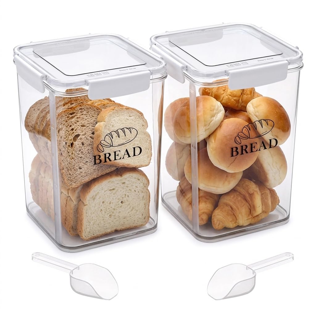 Punorric 2Pack Airtight Bread Bin, 5L Clear Tall Bread Box with Sealed Lid and Spoon, Plastic Stackable Food Storage Containers with Wide mouth, Kitchen Storage Bin for Homemade Toast Bagel, Bpa-Free