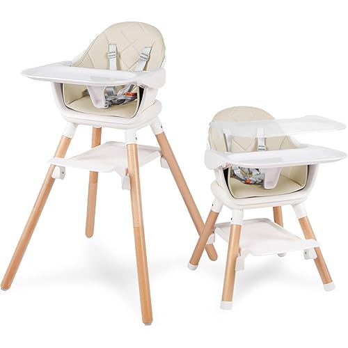 6 in 1 Baby High Chair, Convertible Wooden High Chairs/Booster Seat for Babies and Toddlers, Baby Feeding Chair with 5-Point Harness/Double Removable Tray & Adjustable Footrest (Beige)