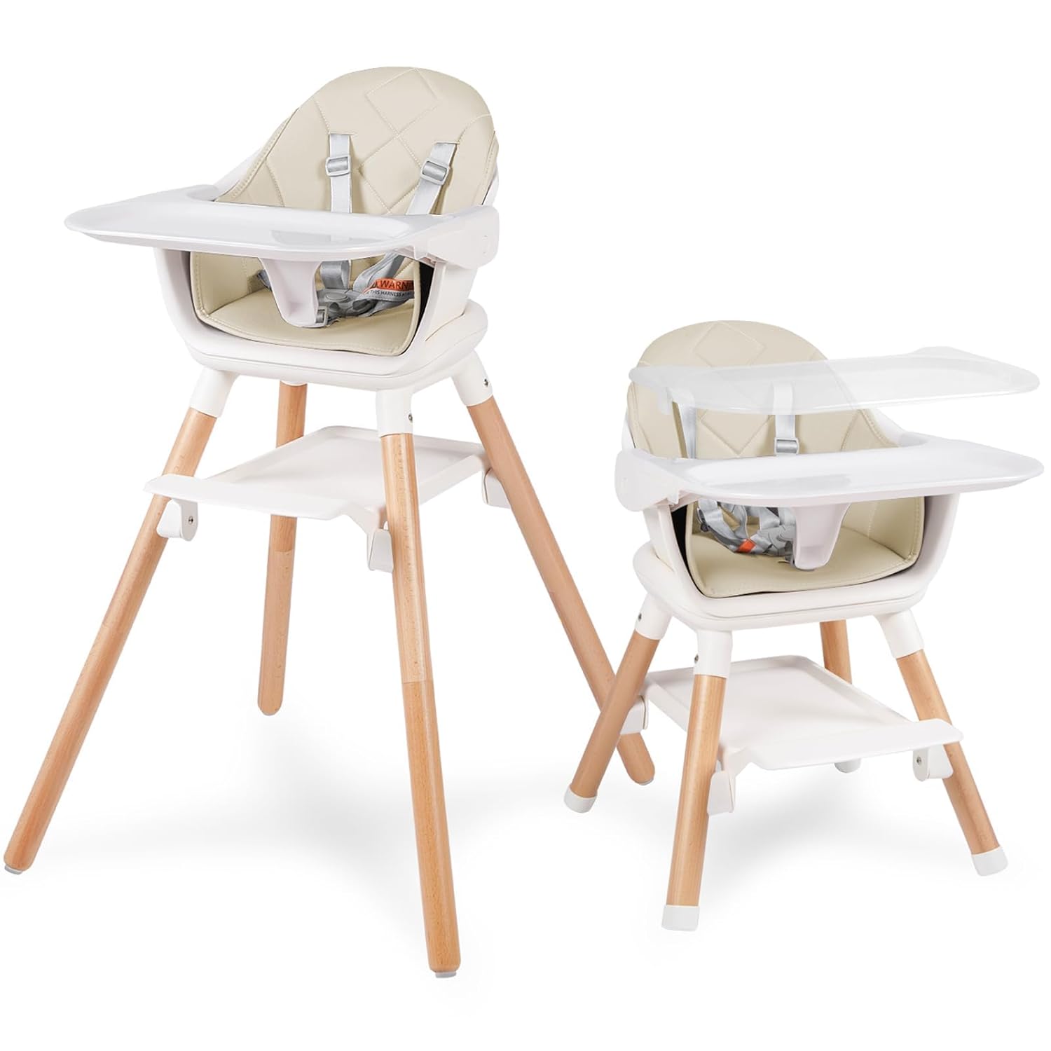 6 in 1 Baby High Chair, Convertible Wooden High Chairs/Booster Seat for Babies and Toddlers, Baby Feeding Chair with 5-Point Harness/Double Removable Tray & Adjustable Footrest (Beige)