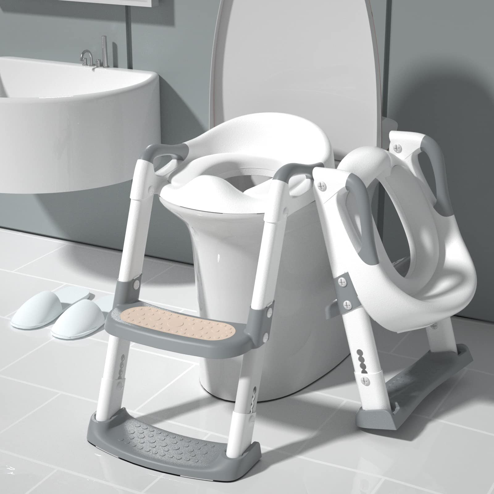 Toilet Potty Training Seat With Step Stool Ladder for Kids Boys Girls Toddlers - Comfortable Safe Seat With Anti-Slip (Grey)