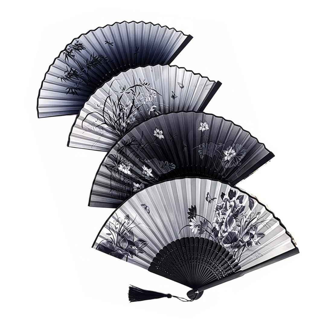 4 Pcs Hand Fan Folding,Chinese Vintage Silk Fabric Folding Fan with Hollow Carved Bamboo Handle & Tassel，Dark color