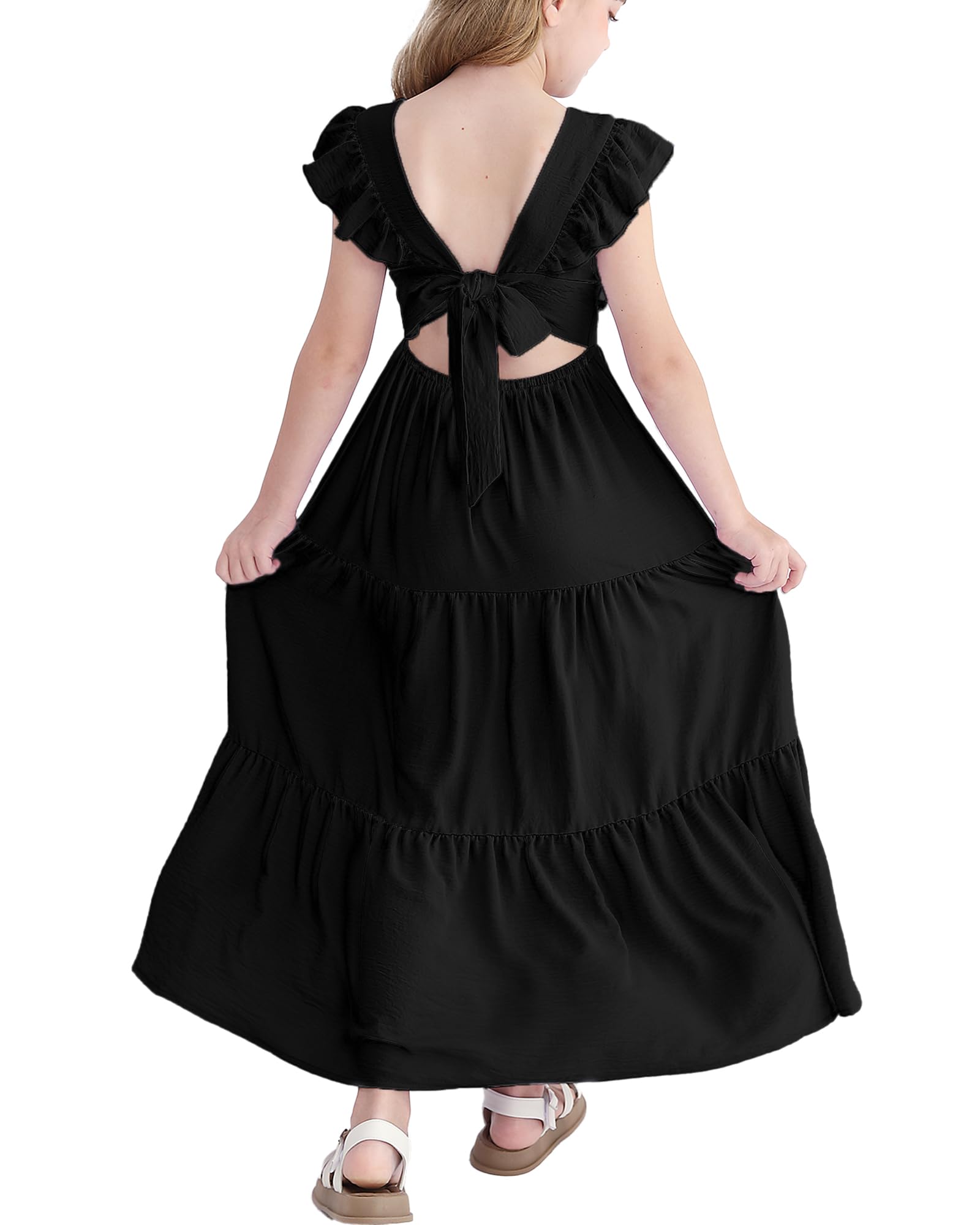 HIGHUZZA Girls Summer Dresses Tween Tie Back Ruffle Sleeve Kids Swing Flowy Casual Beach Maxi Dress