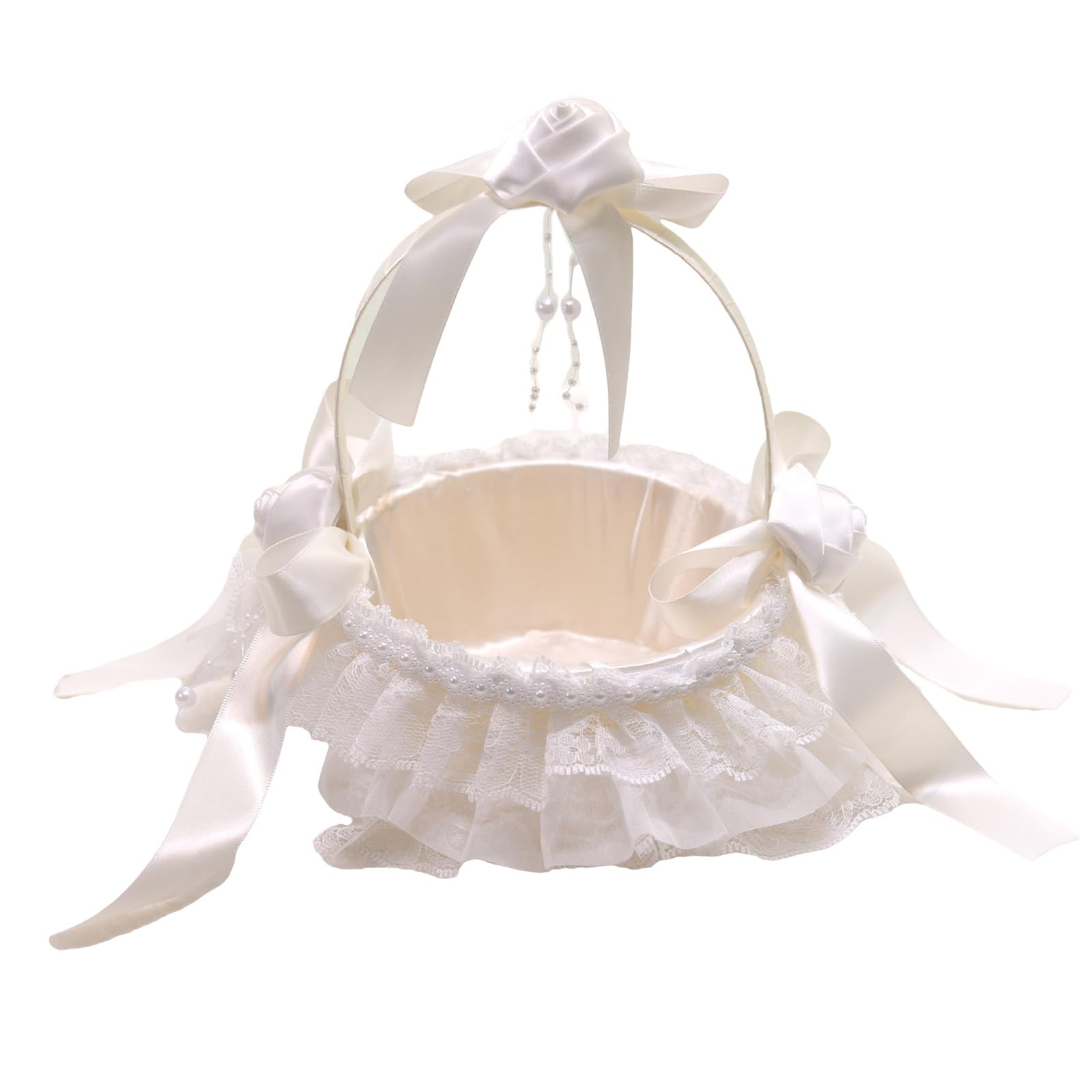 Basket with Flower Handle Fariy Wedding Baskets for Flower Girls Lace Ruffle Bowknot Baskets Gifts Fariy Wedding