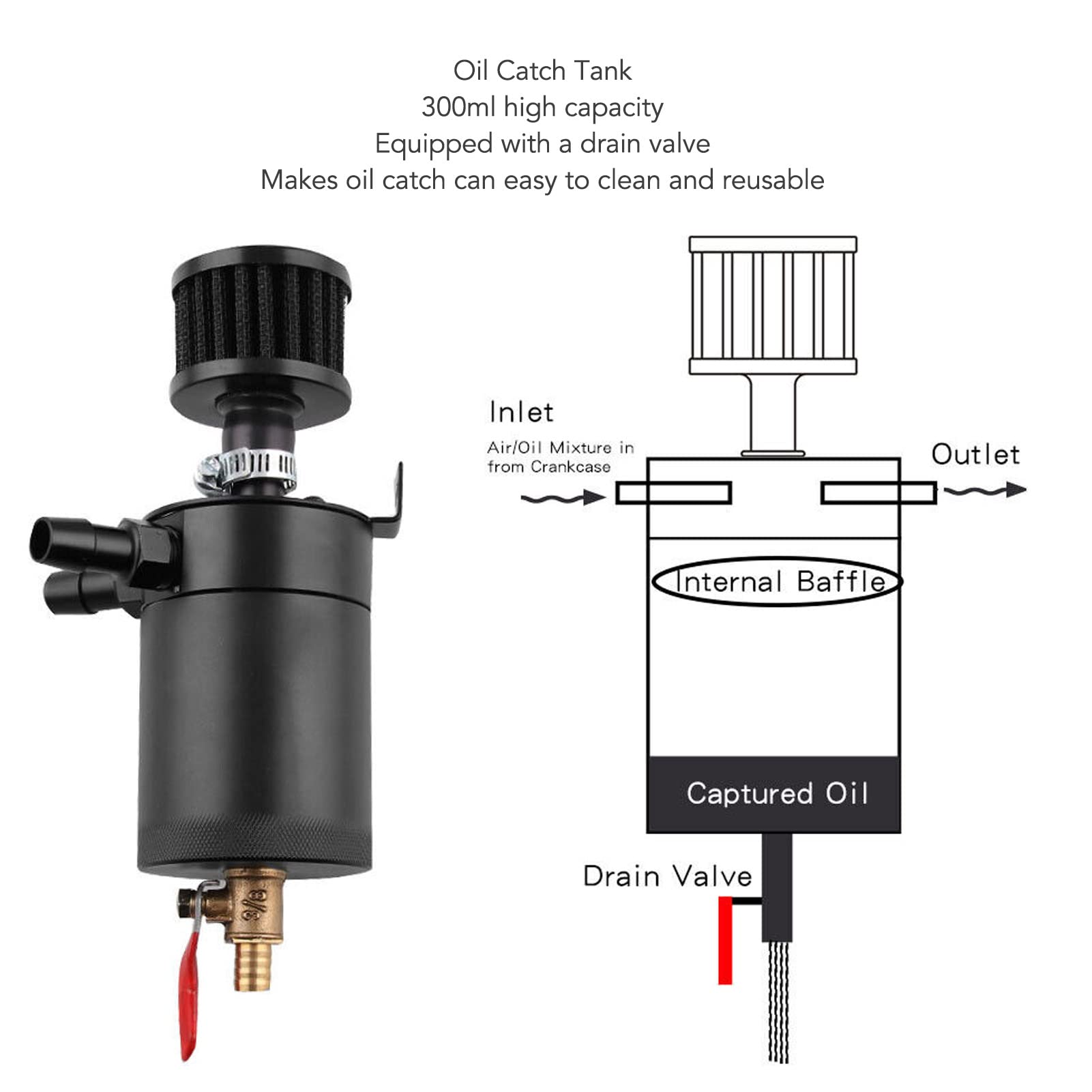 Oil Catch Reservoir, 2 porty Oil Catch Can z zaworem spustowym 300 ml stop aluminium uniwersalny zbiornik na Catch Baffled