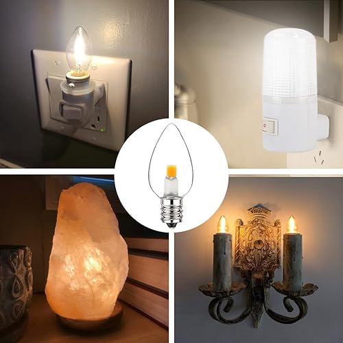 Miniatura 4 de Jslinter Paquete de 12 bombillas LED C7 nocturnas, base de candelabro E12, equivalente a 0.6 W, incandescente de 7 W, blanco cálido transparente de