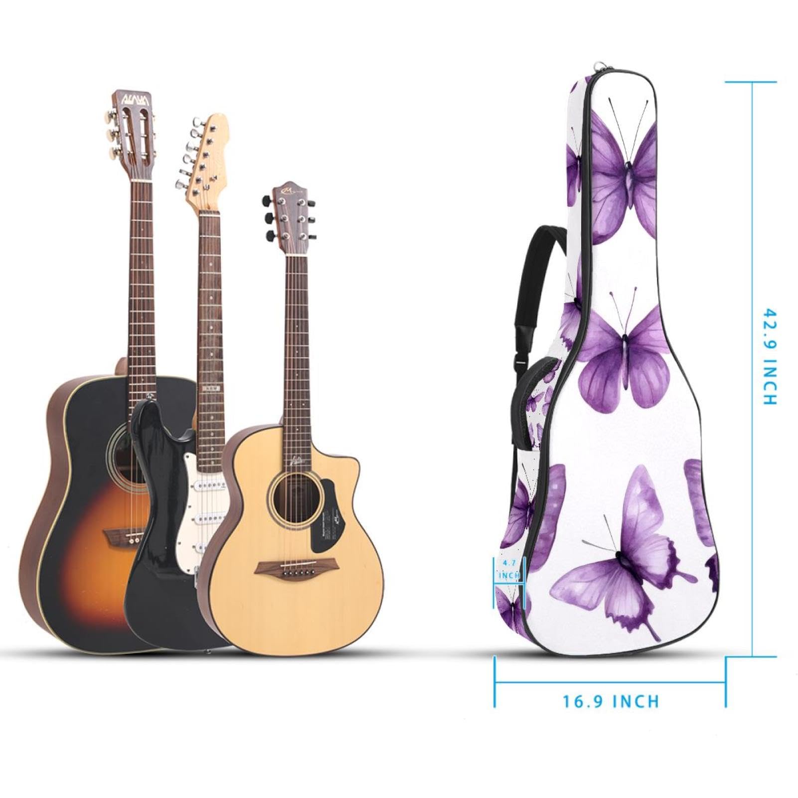 Funda acolchada para guitarra acústica con diseño de mariposas moradas en acuarela sobre fondo blanco, funda protectora para guitarra acústica y bajo eléctrico, guitarra clásica, Multicolor 04,