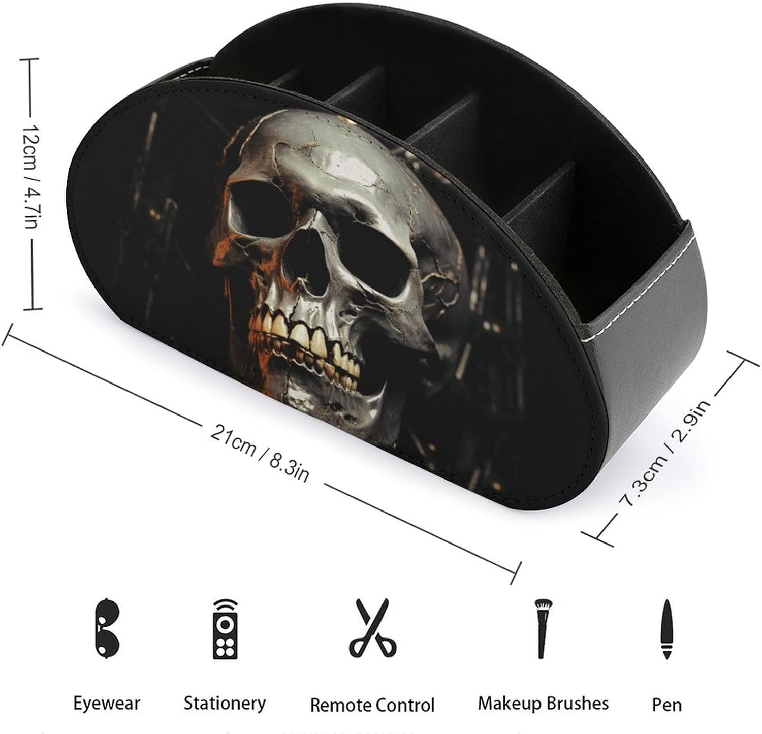 Remote Control Holder PU Leather Remote Caddy with 5 Compartment TV Remote Holder Eerie Scary Skull Remote Box Remote Control Organizer Pen Holder for Desktop Organizers