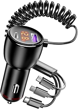 Phmnkl Super Fast Car Charger Type C, 66W+65W+20W QC3.0&PD3.0 5 Port Built-in 4FT Cable USB C Car Charger Fast Charging for iPhone 14/13/12/Google/Pixel/Motorola/LG Android Phones