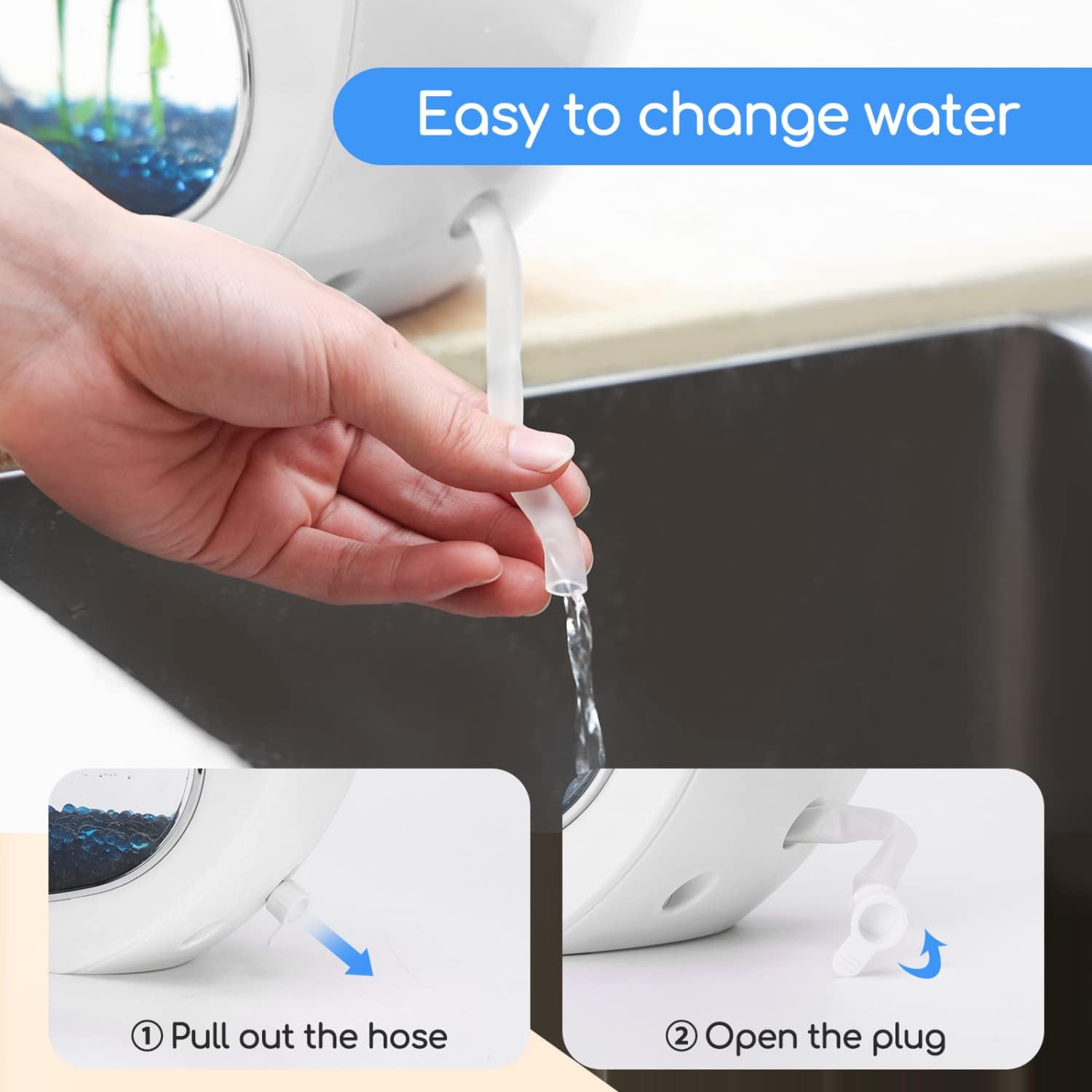 Instructions for easy water change using the Nobleza Nano Fish Tank's drainage hose.