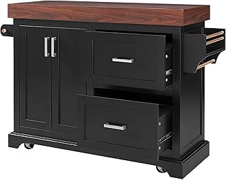 LUMISOL Rolling Kitchen Cart with 2 Storage Drawers, Spice and Towel Racks, Kitchen Island with 3.5" Thick Desktop, 53" Mobile Island Table on Wheels with Storage for Dining Room, Black