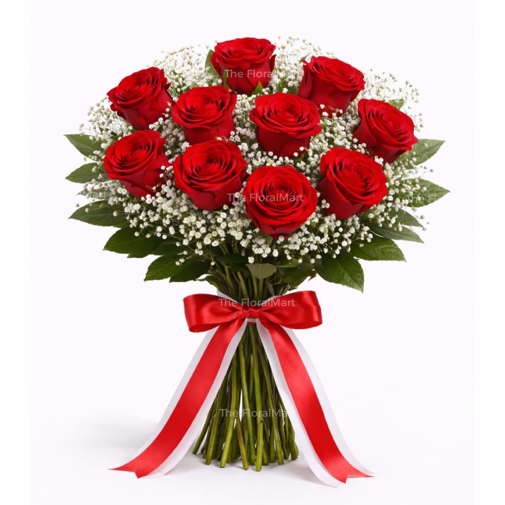 The FloralMart Fresh Flower Bouquet of 10 Red Roses Tied with Ribbons with Seasonal Fillers, for Birthday Gift, Anniversary Gift, Wedding Gift, Valentines Day Gift, (Same Day Delivery)-picture-24