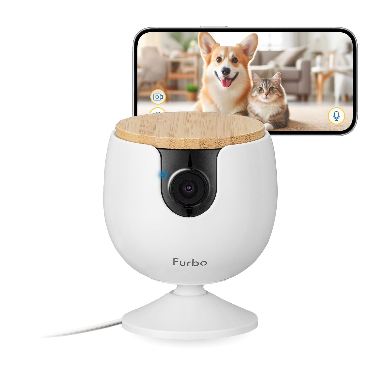 Furbo Mini Videocamera per animali domestici [BASE]: Con App su telefono, visione notturna a colori, audio a due vie, avvisi di abbaio o miagolio, progettata per cani o gatti, telecamera per interni