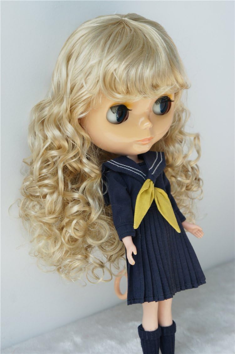 QBaby Doll Wigs JD311 9-10inch 23-25cm Long European Wave Air Thin Bangs Synthetic Mohair BJD Wigs (Blend Royal Blond)