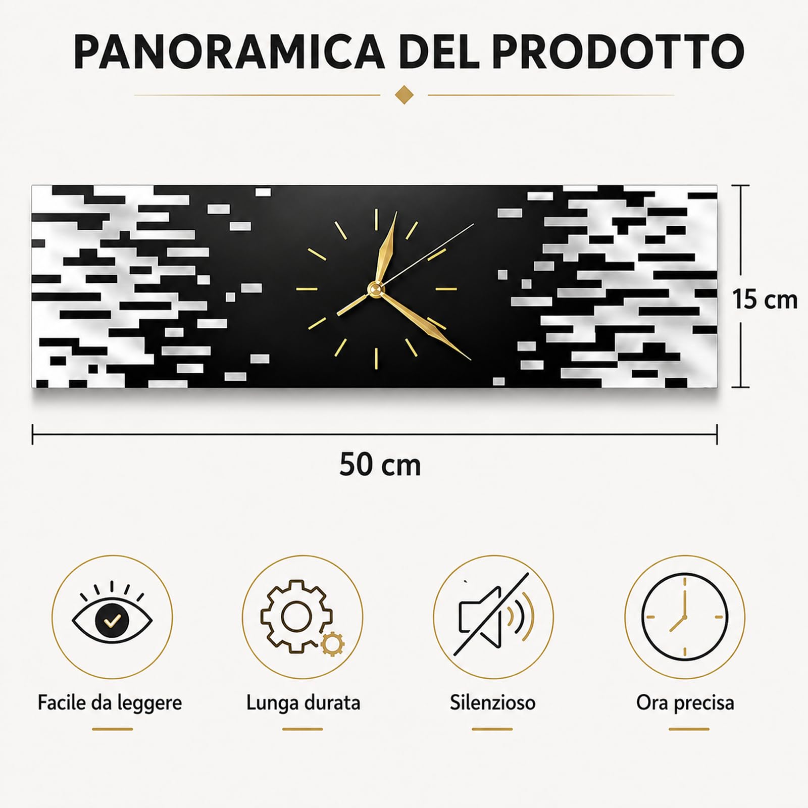 LANMOU Orologio da Parete Moderno, Rettangolare Silenzioso, 50x15cm | Orologio da Muro in Acrilico dal Formato Orizzontale, per Soggiorno, Corridoio o Ufficio interno, Nero e Bianco