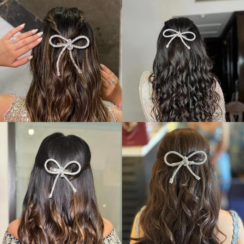 Hair Drama Co. Crystal Bows for Women, 4 Pcs - Silver Hair Bow & Glitter Bow - Embellished Hair Bow Clips - Fancy Hair Clips - Metal Hair Bow Clips - Ribbon Bow Hair Clip