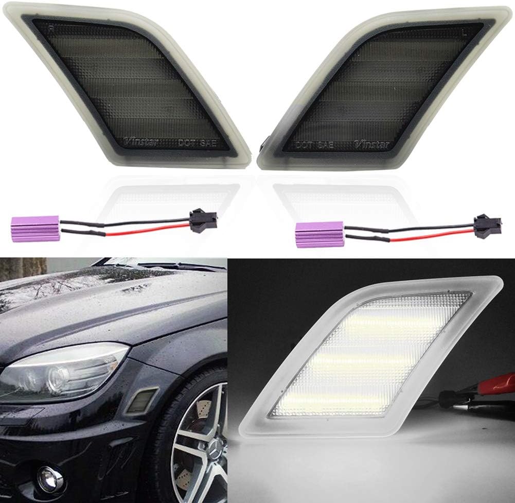 NJSBYL Smoke Lens White LED Front Side Marker Light Kits for 2008-2011 Mercedes Benz Pre-LCI W204 C250 C300 C350 & 2008-2013 C63 AMG & 2005-2007 SL66 AMG OEM Amber Side Marker Lamps Replacement