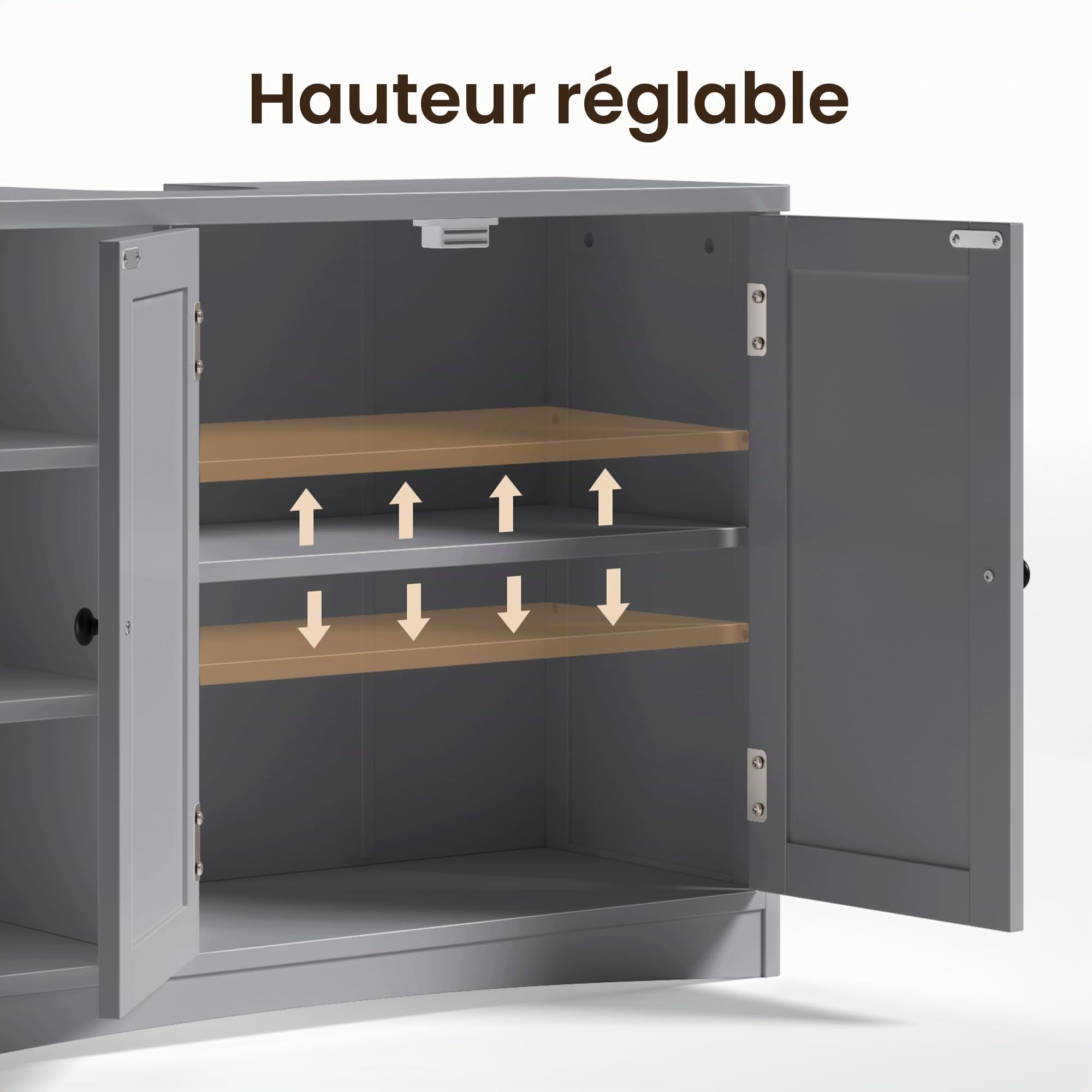 Bealife Meuble sous Lavabo, Meuble de Salle de Bain, Placard Salle de Bain avec 2 Portes, Compartiment Ouvert, Étagère Réglable, 30x90x60 cm, Gris