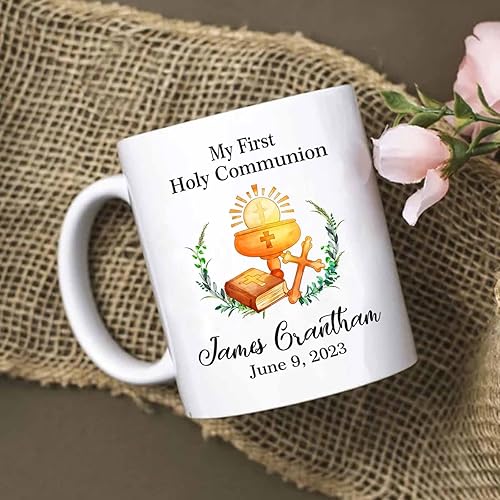 Miniatura 3 de Tazas personalizadas de la Santa Comunión de 11 onzas y 15 onzas, taza de café blanca con texto en inglés "My First Holy Communion", regalos para la