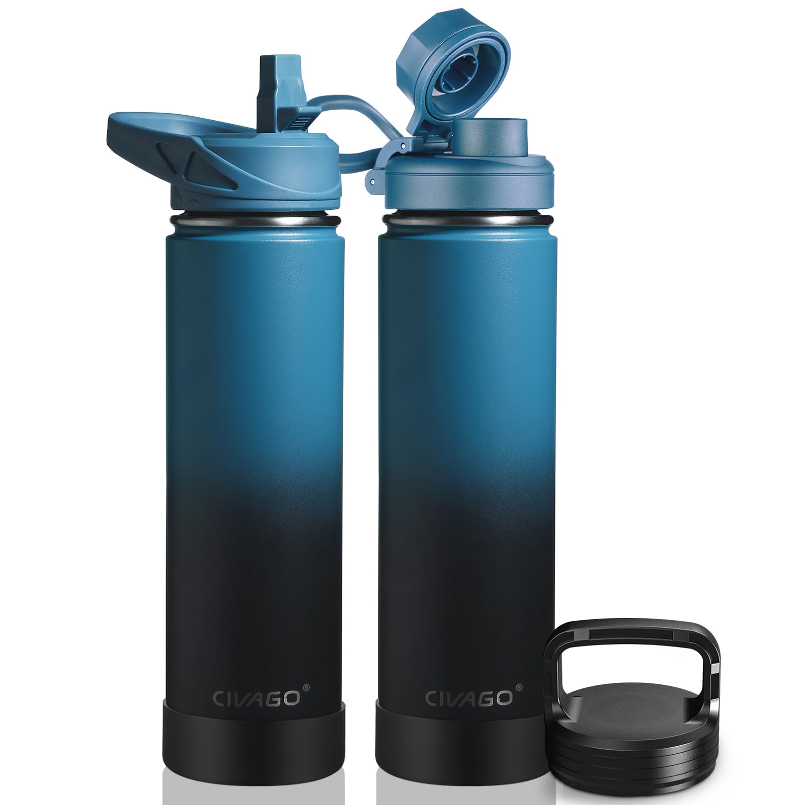 CIVAGO 24 oz Insulated Stainless Steel Water Bottle With Straw and 3 Lids | Large Metal Sports Water Jug Leakproof Reusable Wide Mouth Thermal Flask Cup with Silicone Boot, BPA-Free, Indigo Black