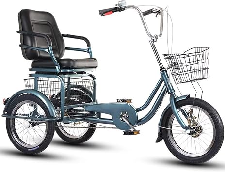 Elderly Rickshaw Pedal Tricycle,Adjustable Sponge seat with Vegetable Basket,Front and Rear Brakes,3 Wheels Bicycle for Traveling and Hanging Out,Pneumatic Spoke Wheel Blue 16 in