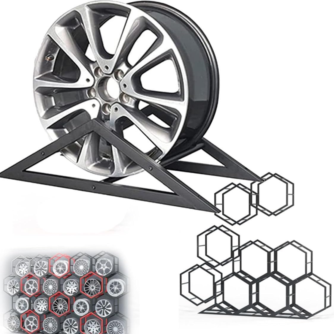 Espositore per Pneumatici con Cerchioni a Nido d'Ape, Organizer per Pneumatici per Auto in Piedi per Decorazioni da Parete per casa/Ufficio/Motel, Supporto BlackTriangleBase