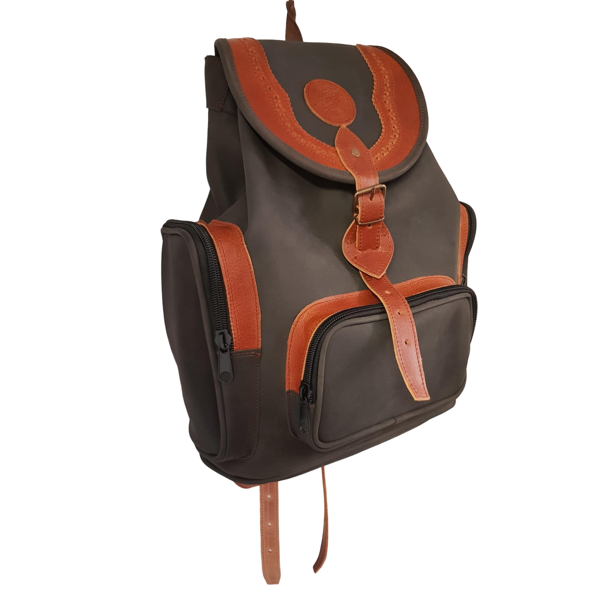 Mochila de caza fabricada en piel con 3 bolsillos con cremallera frontales
