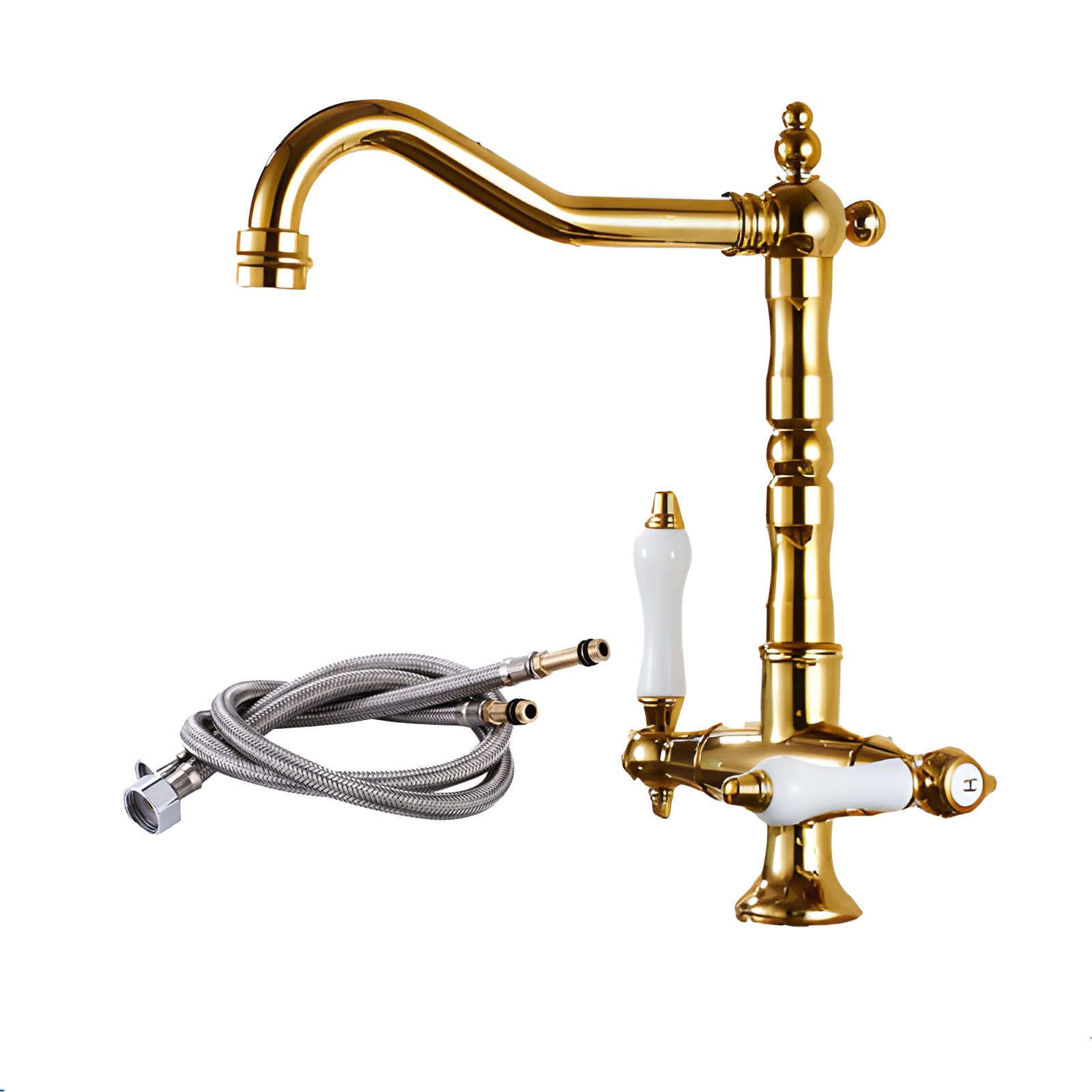 Robinet de lavabo monotrou rétro or et noir en laiton à deux poignées pour salle de bains