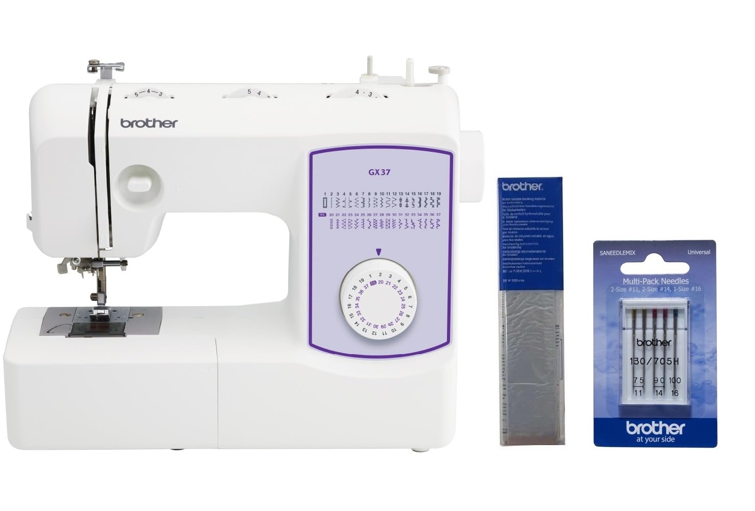 Brother GX37 37-Stitch Sewing Machine, SA520 Water Soluble Stabilizer and 5-Piece Sewing Machine Needles