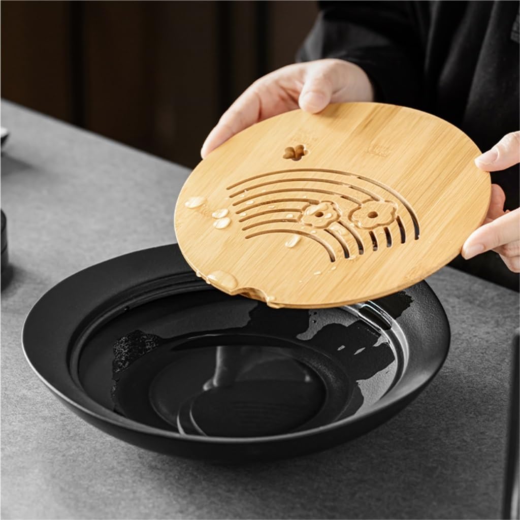 Bandeja de té Sencilla Bandeja de té Bandeja de té Redonda para el hogar Bandeja de Taza de té de cerámica Juego de té de Kung fu pequeño con función de Almacenamiento de Agua (A)