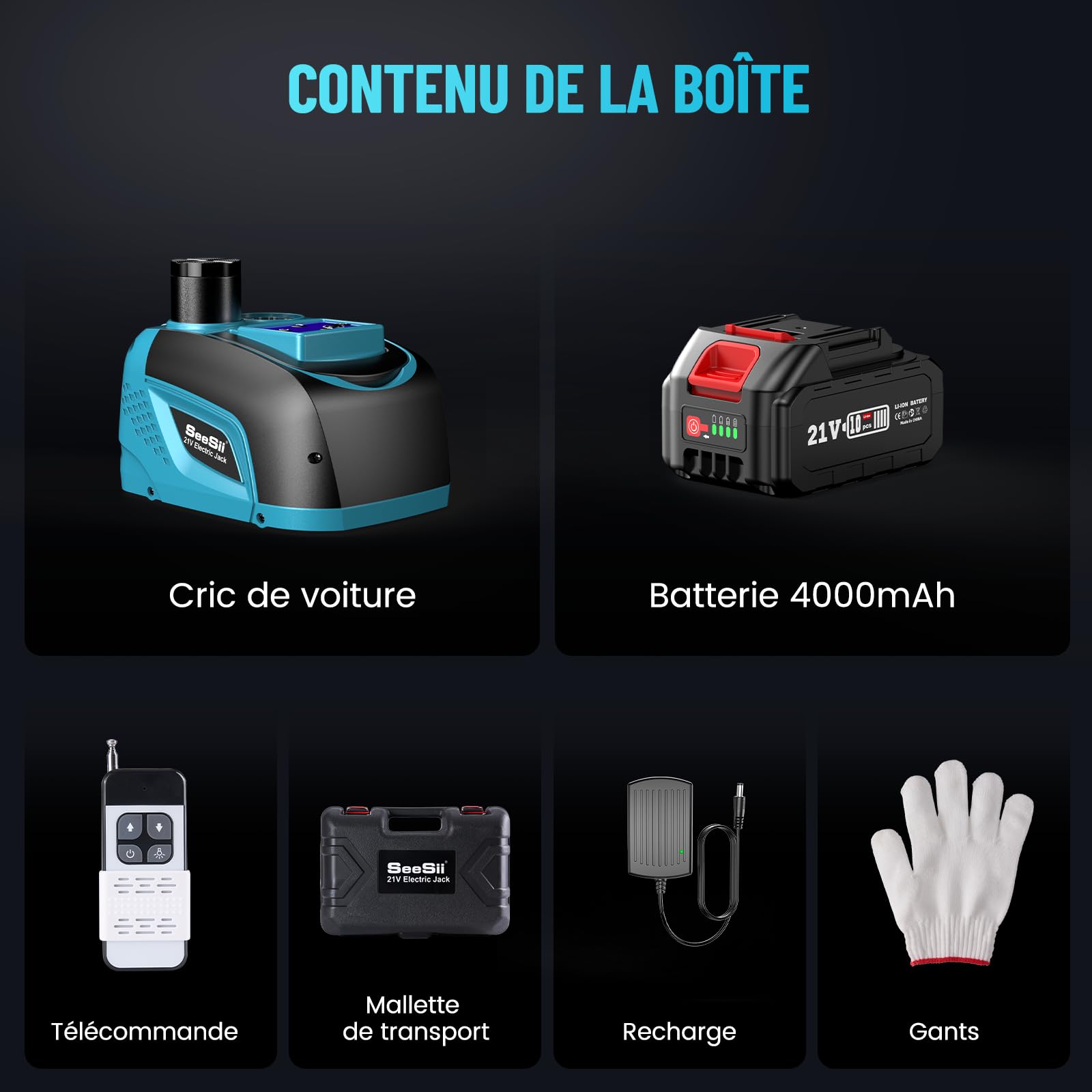 Seesii Cric électrique 5T 3T batterie 21V, kit de cric hydraulique 4,0 Ah et chargeur, kit de changement de pneu sans fil pour voiture, SUV, monospace et pick-up