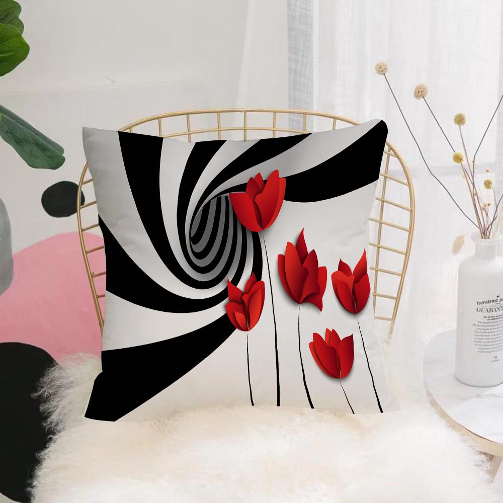 HYOSXW Cushion Cover,Throw Pillow Case Home Decorative for Living Room Bedroom Sofa Chair 16X16 Inch,Black and White Stripes Red Poppies Flower Vortex Spiral Swirling Creative,Pillowcase 40X40cm
