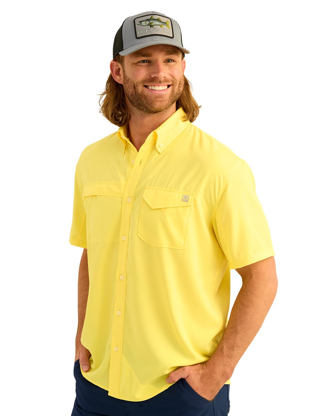 HUK Mens Tide Point Pattern Short Sleeve Shirt, Fishing Button Down